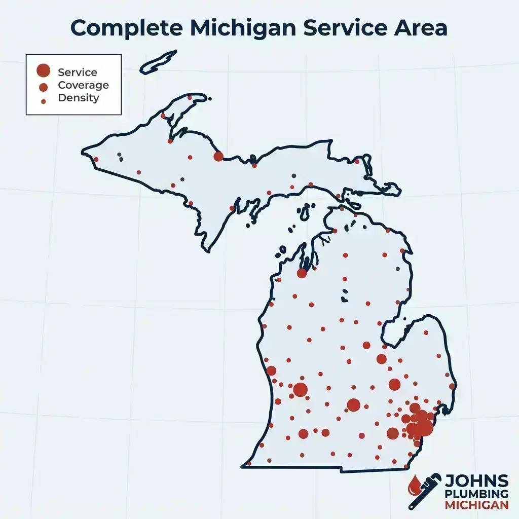 Michigan state map showing Johns Plumbing service coverage across Southeast Michigan, West Michigan, Mid-Michigan, Northern Lower Peninsula, and Upper Peninsula regions
