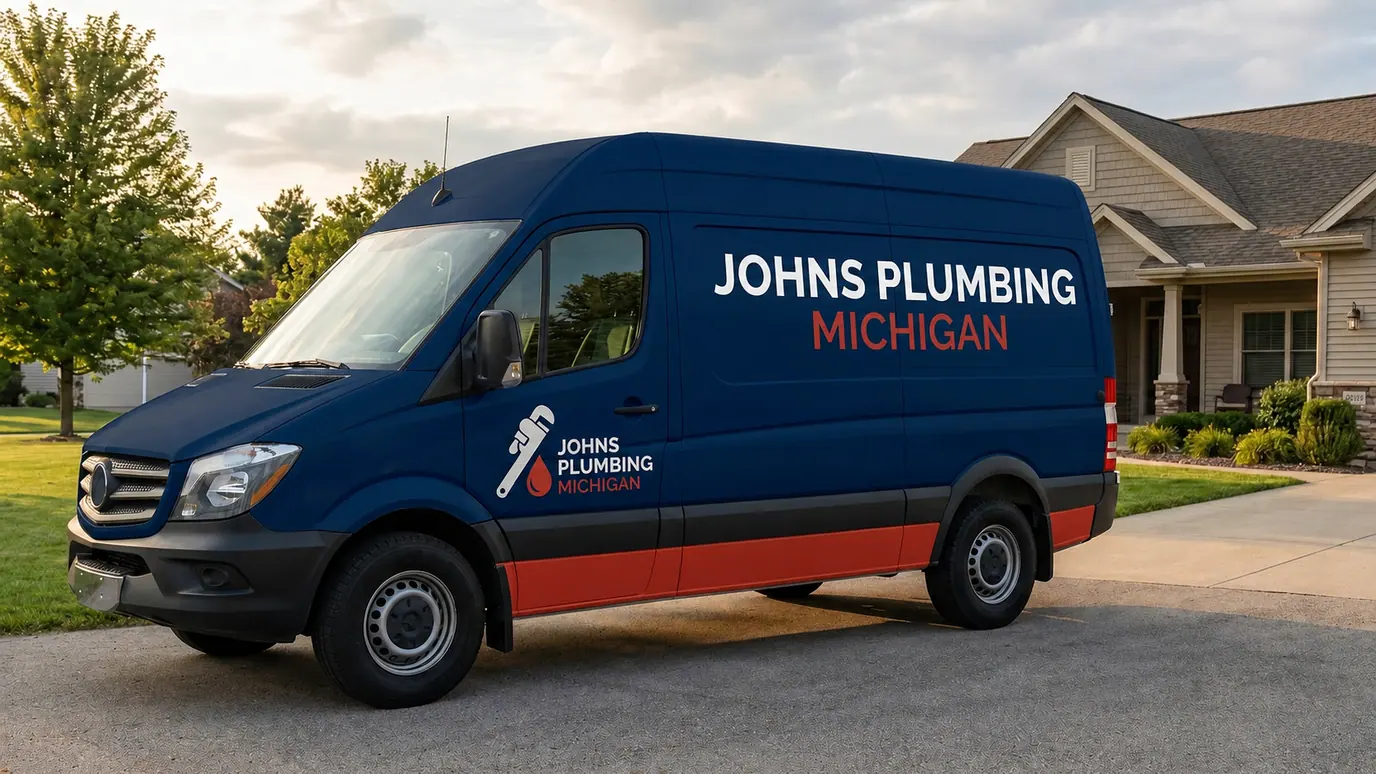 Residential plumbing service vehicle in a Michigan neighborhood