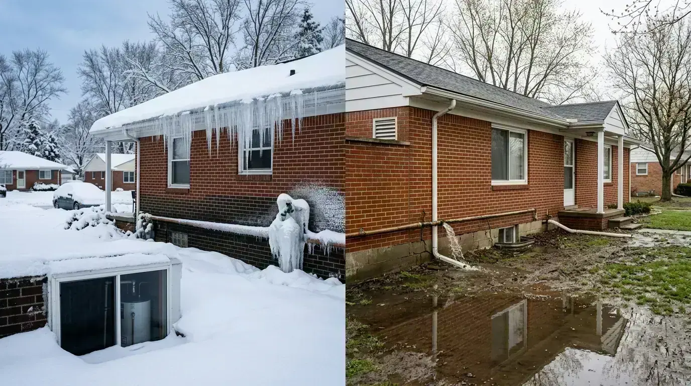 Michigan home showing basement vulnerability during spring snowmelt and winter freeze conditions