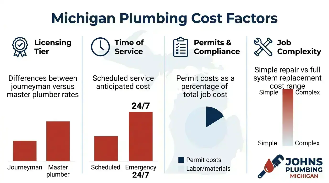 Michigan plumbing cost factors including licensing tier, emergency multipliers, and permits