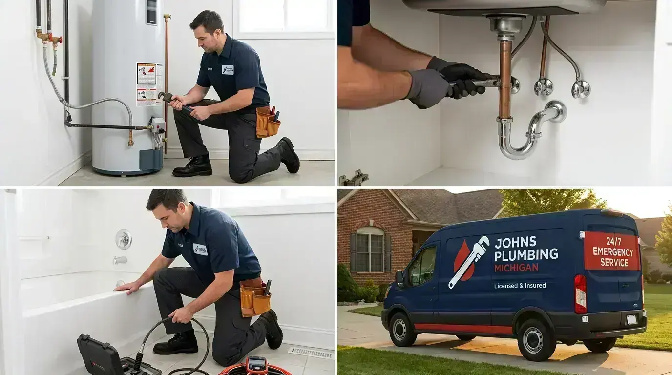 Michigan plumber performing water heater installation, drain cleaning, and emergency pipe repair in residential setting